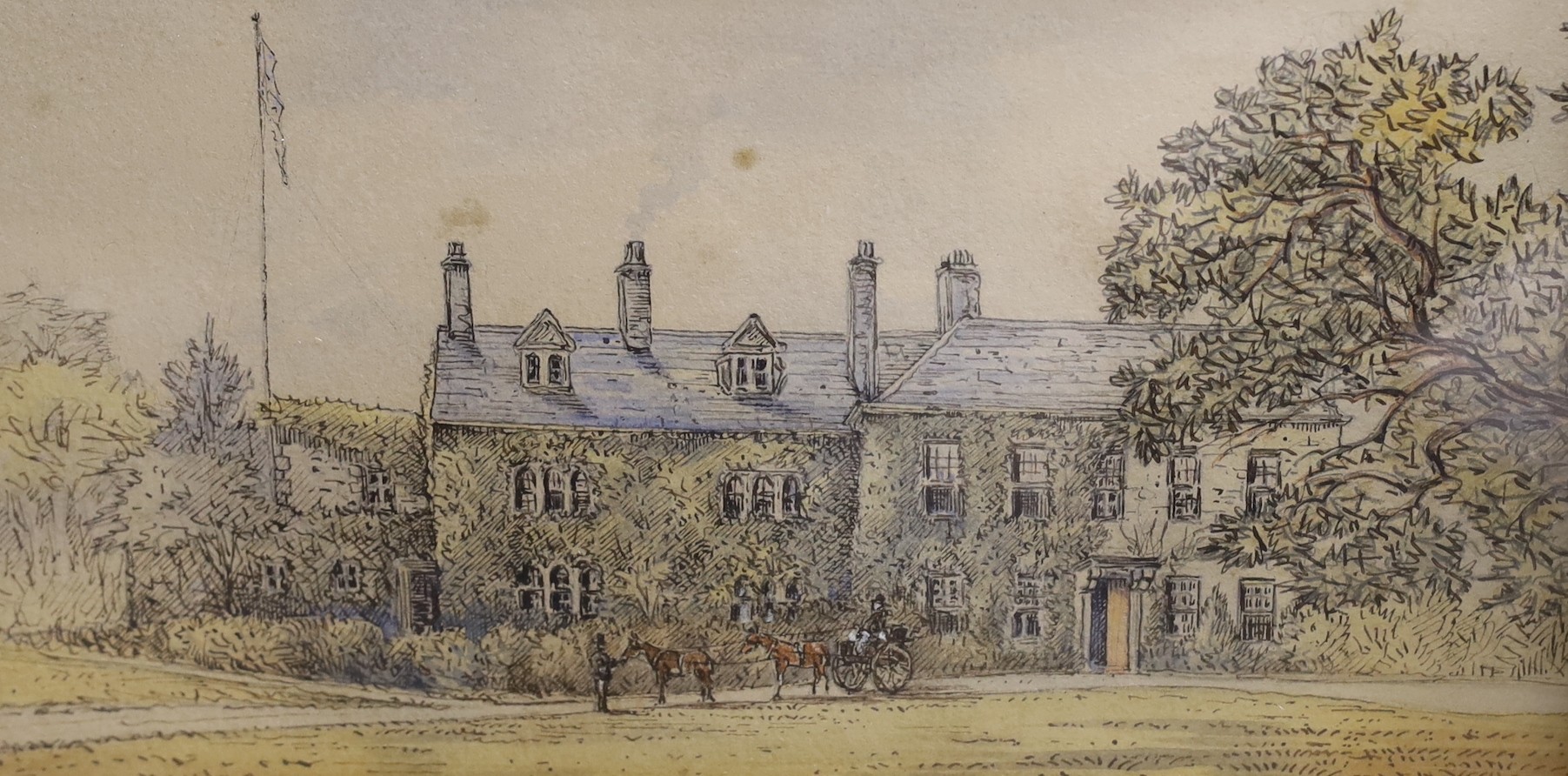 19th century English School, ink and watercolour, View of Charlton Musgrove House, Wincanton, Somerset, 13 x 24cm, an oil on board, Sketch of a woodland path, 15 x 17cm and unframed oil on canvas, Moorland scene, 25 x 46